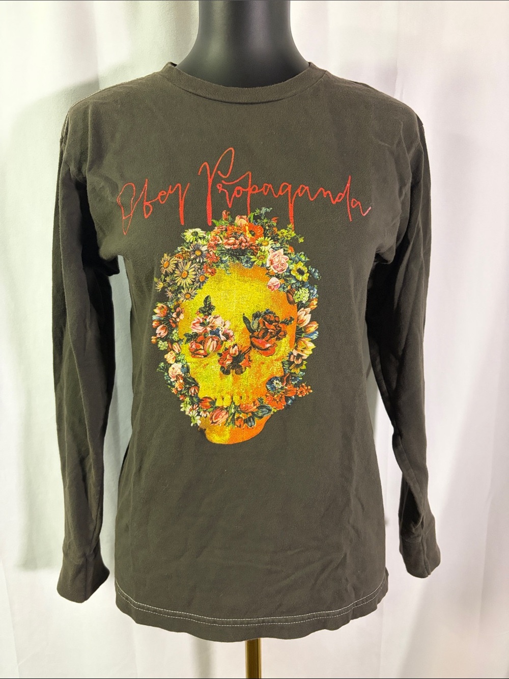 Obey Charcoal Gray Obey Propaganda Floral Skull Long Sleeve Crew Neck T-Shirt